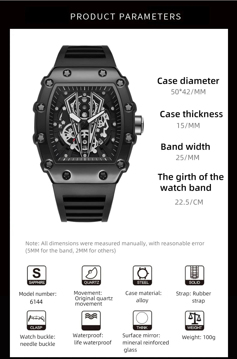 Montre Homme Quartz WLISTH — Cadran Squelette, Bracelet Silicone, 3 ATM, Style Sport Luxe