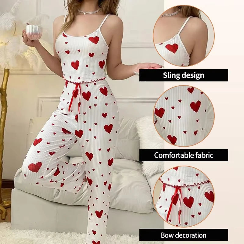 Ensemble deux pièces en soie glacée côtelée pour femmes, gilet imprimé Sexy et pantalon Long avec décoration de nœud, ensemble de vêtements de nuit décontractés pour la maison
