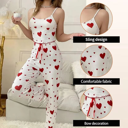 Ensemble deux pièces en soie glacée côtelée pour femmes, gilet imprimé Sexy et pantalon Long avec décoration de nœud, ensemble de vêtements de nuit décontractés pour la maison