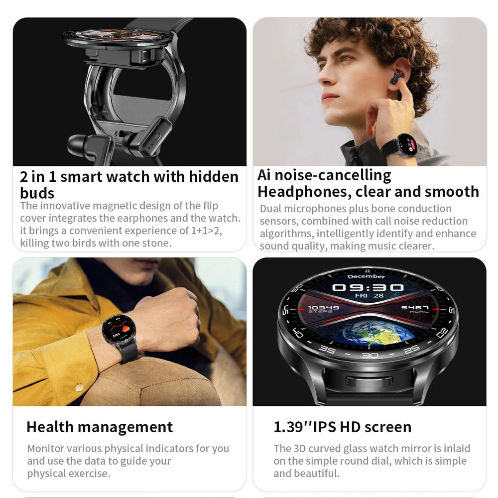 Montre Connectée 2-en-1 avec Écouteurs TWS Intégrés — Écran 1,39", IP67, BT 5.0, Suivi Santé Complet, 3 Coloris | TechNova X