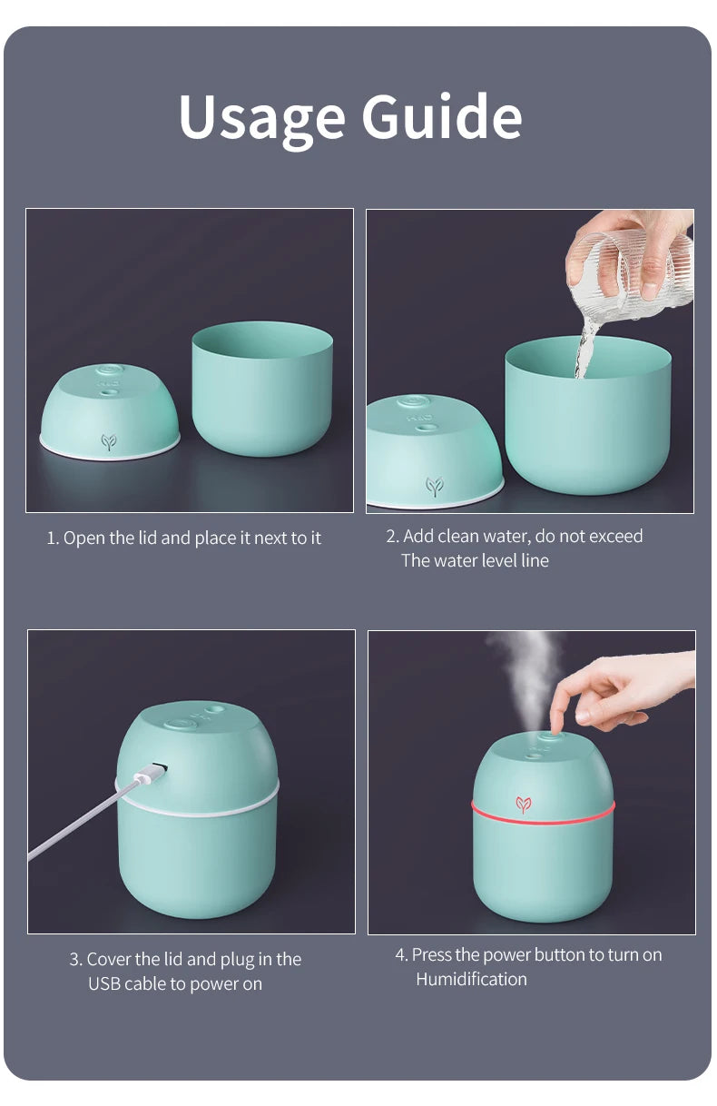 Mini Humidificateur USB 220ml — Aromathérapie, Silencieux, Arrêt Auto & 3 Coloris