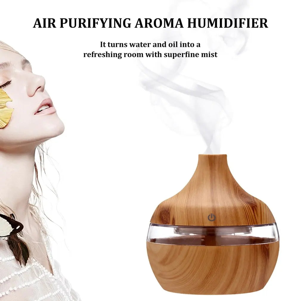 Humidificateur Ultrasonique 300ml Design Bois — LED 7 Couleurs, Commande Tactile & USB 5V