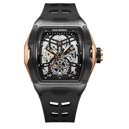 Montre Mécanique Homme Squelette — Boîtier Carré Acier, Automatique, Étanche 3 ATM, Bracelet Silicone | TechNova X