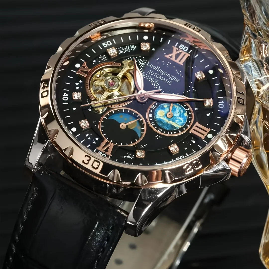 Montre Mécanique Automatique BLUO — Cadran Ciel Étoilé Lumineux, Chiffres Romains, Style Business