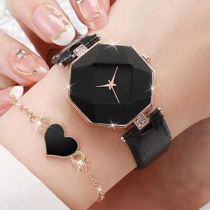 Coffret Bijoux Femme 5 Pièces — Montre Quartz Bracelet Cuir, Boucles d’Oreilles, Collier & Bracelet
