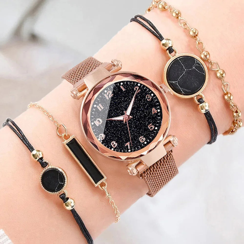 Montre Quartz Femme MOONBIFFY — Cadran Ciel Étoilé 36 mm, Bracelet Maille Alliage, Chiffres Arabes, 5 Styles | TechNova X