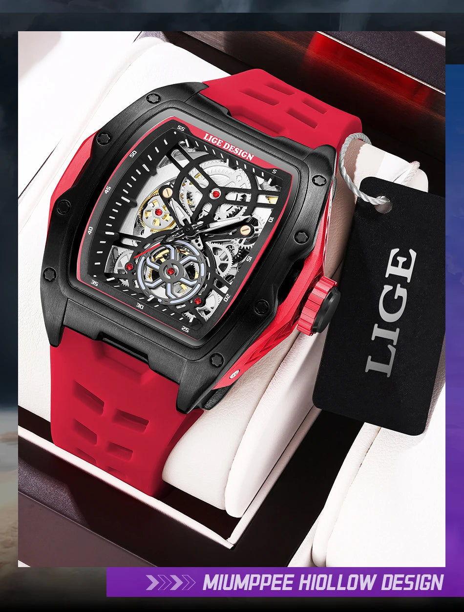 Montre Mécanique Homme Squelette — Boîtier Carré Acier, Automatique, Étanche 3 ATM, Bracelet Silicone | TechNova X