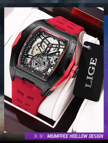 Montre Mécanique Homme Squelette — Boîtier Carré Acier, Automatique, Étanche 3 ATM, Bracelet Silicone | TechNova X