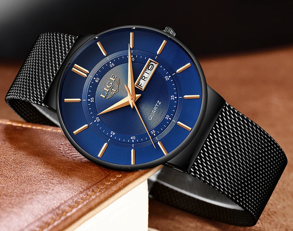 Montre Homme LIGE 9949 — Quartz Ultra-Fine, Bracelet Acier Inox, Date & Semaine, 3 ATM