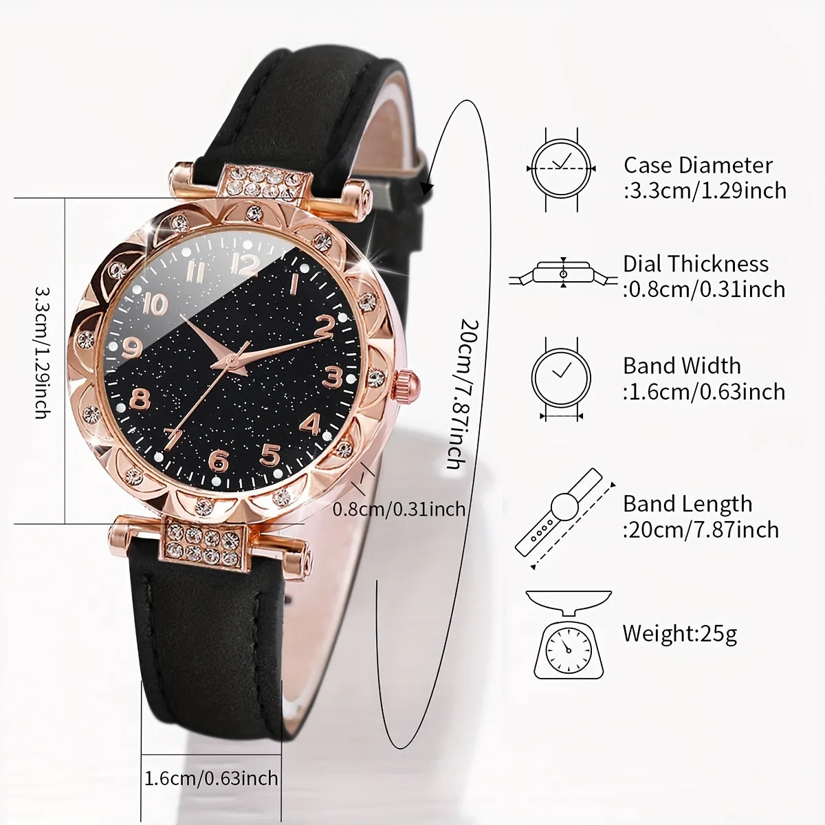 Coffret 2 Pièces Femme Strass — Montre Quartz Bracelet Cuir PU & Bracelet Cœur Assorti