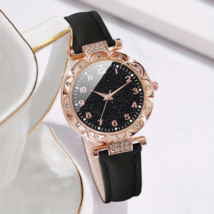 Coffret 2 Pièces Femme Strass — Montre Quartz Bracelet Cuir PU & Bracelet Cœur Assorti