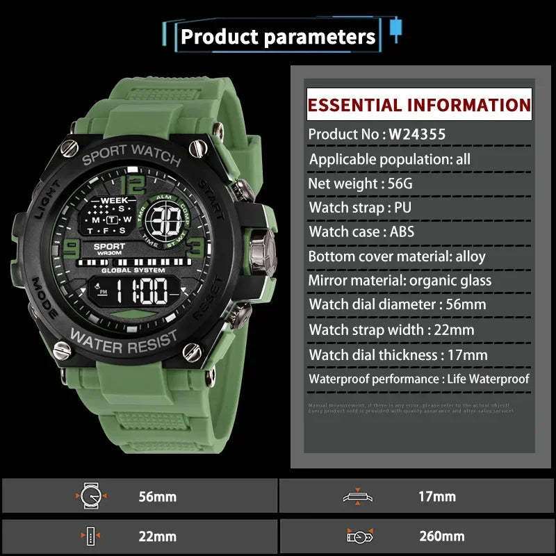 Montre Sport Digitale YIKAZE A69270 — Grand Cadran 56mm, LED, Chronomètre, Alarme, 3 ATM