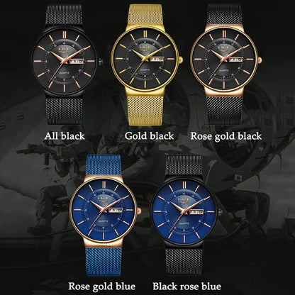 Montre Homme LIGE 9949 — Quartz Ultra-Fine, Bracelet Acier Inox, Date & Semaine, 3 ATM