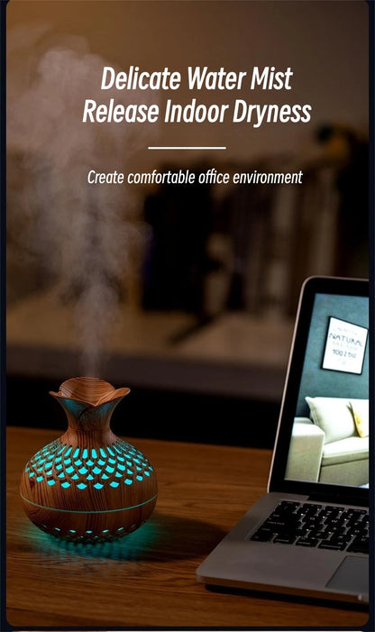 Humidificateur Design Bois 300ml — LED Multicolore, 2 Modes de Brume & USB Type-C