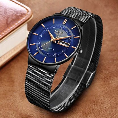 Montre Homme LIGE 9949 — Quartz Ultra-Fine, Bracelet Acier Inox, Date & Semaine, 3 ATM