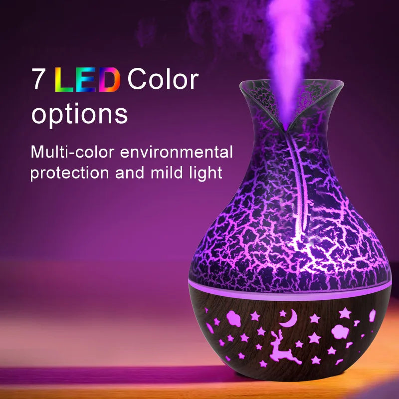 Mini Humidificateur Vase Design Bois 150ml — LED 7 Couleurs, Aromathérapie & USB 5V