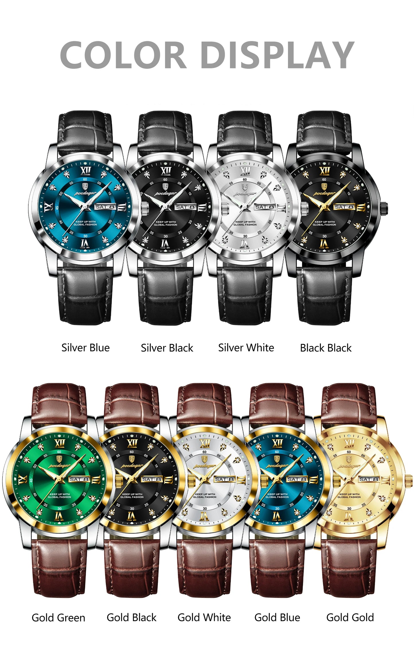 Montre Homme POEDAGAR 936L — Quartz, Bracelet Cuir, Lumineux, Date & Semaine