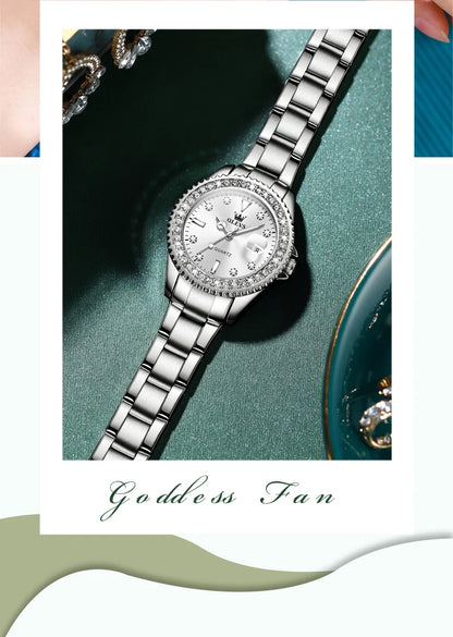 Montre Femme Quartz OLEVS 9945 — Cadran Diamant Lumineux, Acier Inoxydable, Date, 3 ATM