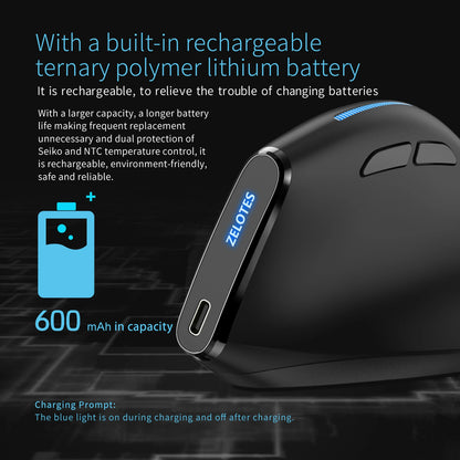 ZELOTES F-36A 2.4G Souris sans fil Chargement Blu-ray 6 boutons Souris optique 3 niveaux ug I souris noire