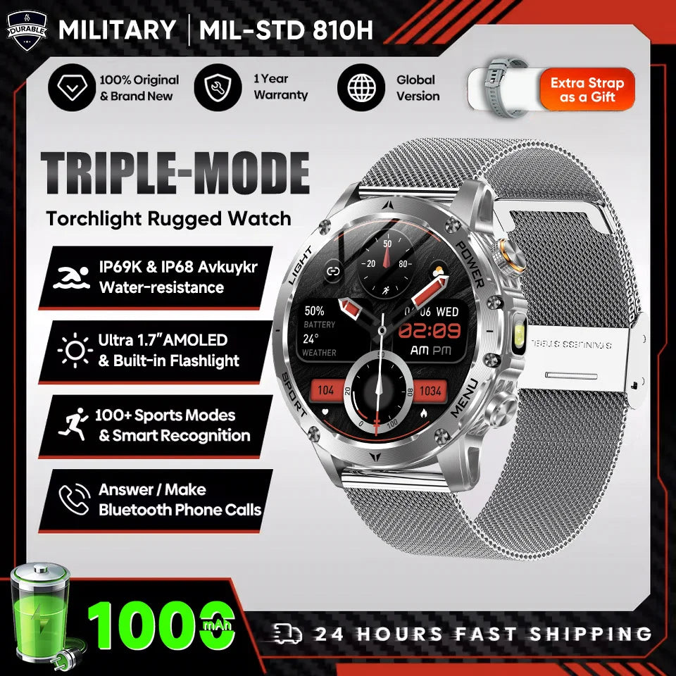 Montre Connectée Sport Militaire AK87 — AMOLED 1,7", GPS, NFC, Étanche IP68, Batterie 1000 mAh, 100 Jours | TechNova X