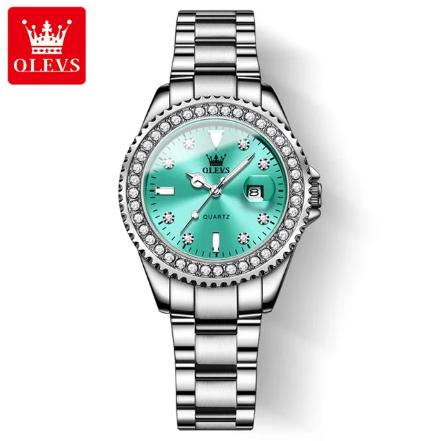 Montre Femme Quartz OLEVS 9945 — Cadran Diamant Lumineux, Acier Inoxydable, Date, 3 ATM