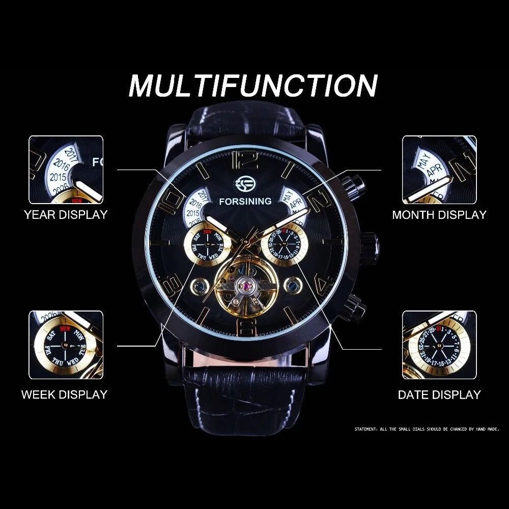 Montre Mécanique Automatique Homme FORSINING — Tourbillon, Boîtier Rond Acier 46 mm, Bracelet Cuir, Calendrier | TechNova X