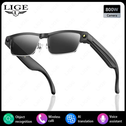 LIGE 800W HD Camera Smart Glasses 1200P HD Video Recording Chat Translation Voice Control Calling Sunglasses Color-Changing Lenses