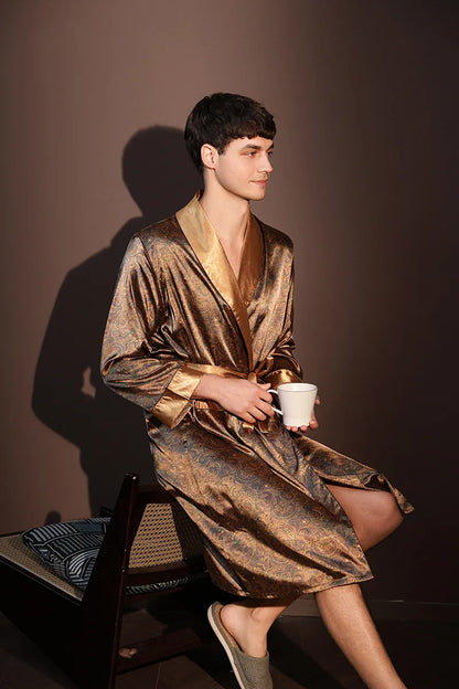 Kimono Peignoir Satin Imprimé Homme — Robe de Chambre avec Poches, Col en V