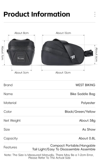 WEST BIKING – sac de selle de vélo Portable, léger 0,8 l, sac arrière de vélo, sac à outils de sport Durable, accessoires de vélo de route et vtt
