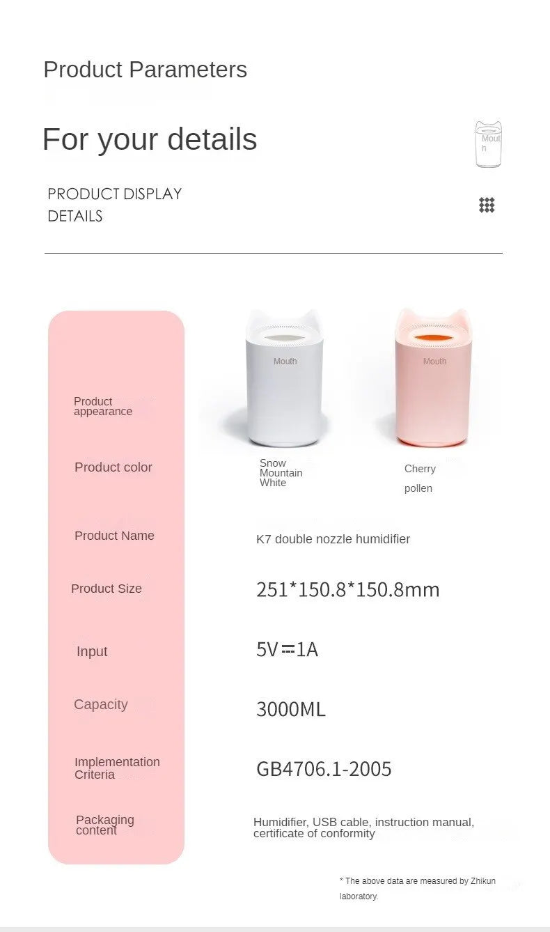 Humidificateur Double Buse 3000ml — Aromathérapie Ultrasonique, LED Ambiance & Multi-Vitesses