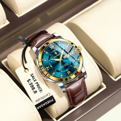 Montre Homme POEDAGAR 936L — Quartz, Bracelet Cuir, Lumineux, Date & Semaine