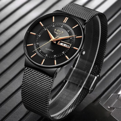 Montre Homme LIGE 9949 — Quartz Ultra-Fine, Bracelet Acier Inox, Date & Semaine, 3 ATM