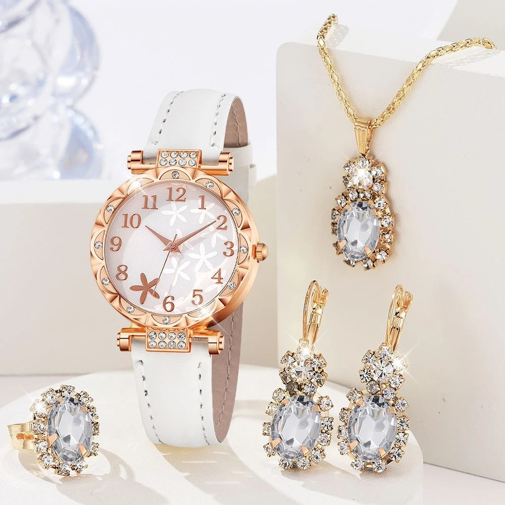 Coffret Bijoux Femme 5 Pièces Strass — Montre Quartz Cuir, Bague, Collier & Boucles d’Oreilles