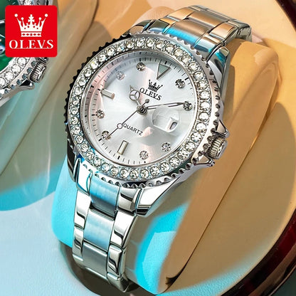 Montre Femme Quartz OLEVS 9945 — Cadran Diamant Lumineux, Acier Inoxydable, Date, 3 ATM