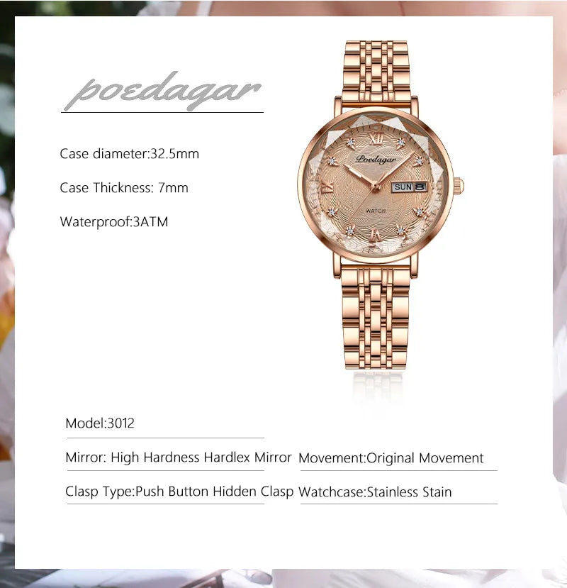 Montre Femme Quartz POEDAGAR 3012 — Acier Inoxydable, Aiguilles Lumineuses, Date & Jour, 3 ATM
