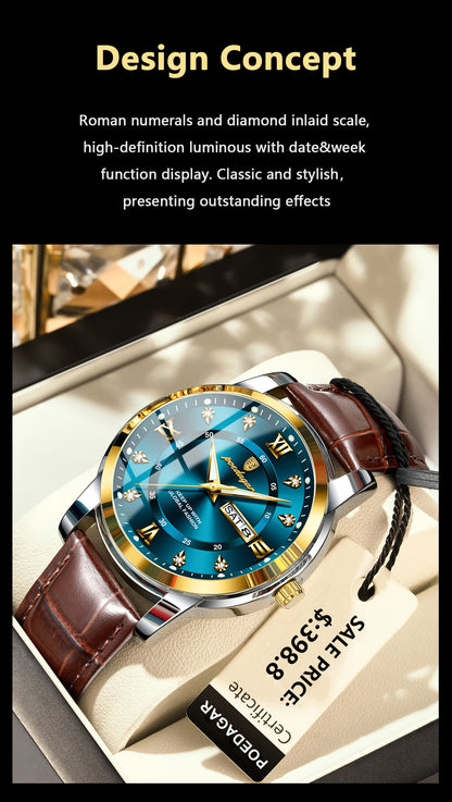 Montre Homme POEDAGAR 936L — Quartz, Bracelet Cuir, Lumineux, Date & Semaine