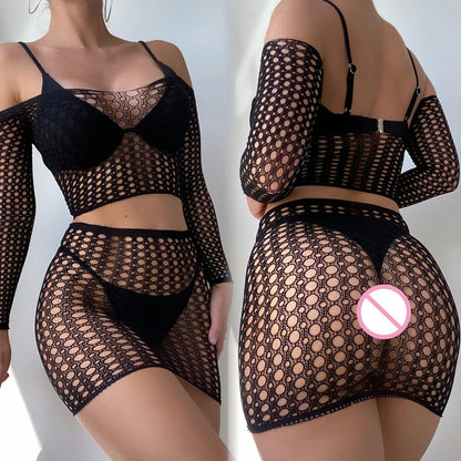 Robe courte en résille pour femmes, lingerie sexy, jupe ronde, vêtements de nuit, mini robe slim