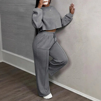 Ensemble deux pièces décontracté pour femme : Sweat-shirt ample à taille haute et pantalon droit – Collection Printemps-Automne