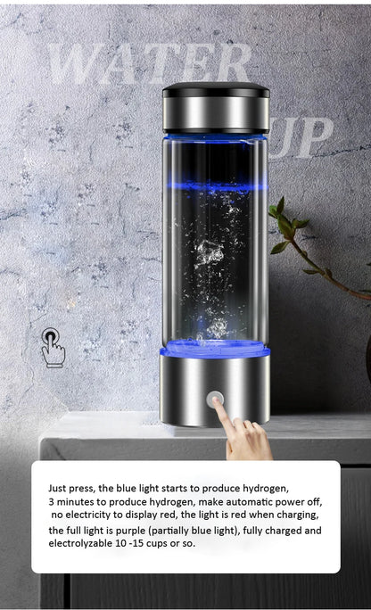 Bouteille Eau Hydrogène 430ml — Ioniseur Alcalin, Filtration 5 Étapes & Rechargeable USB