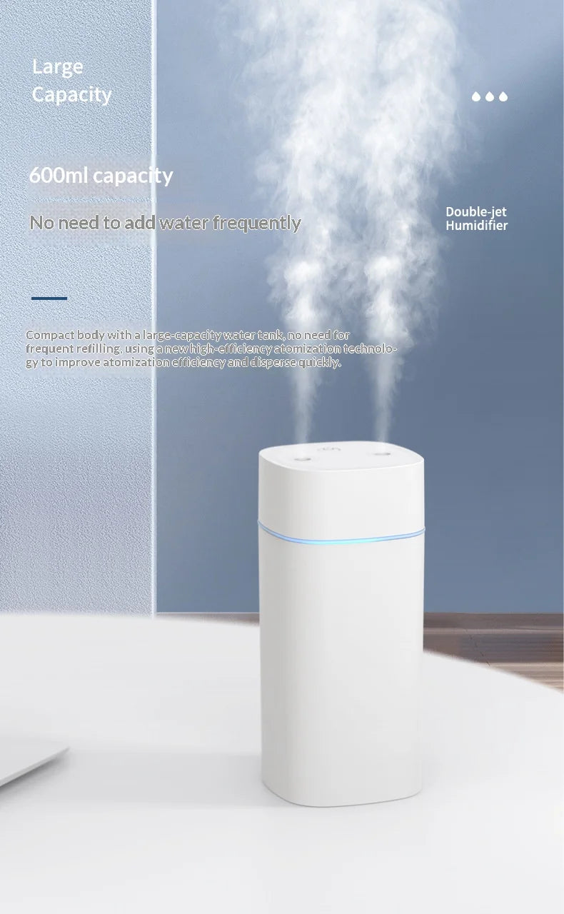 Mini Humidificateur Double Pulvérisation USB — Aromathérapie, Silencieux & Ultra-Compact
