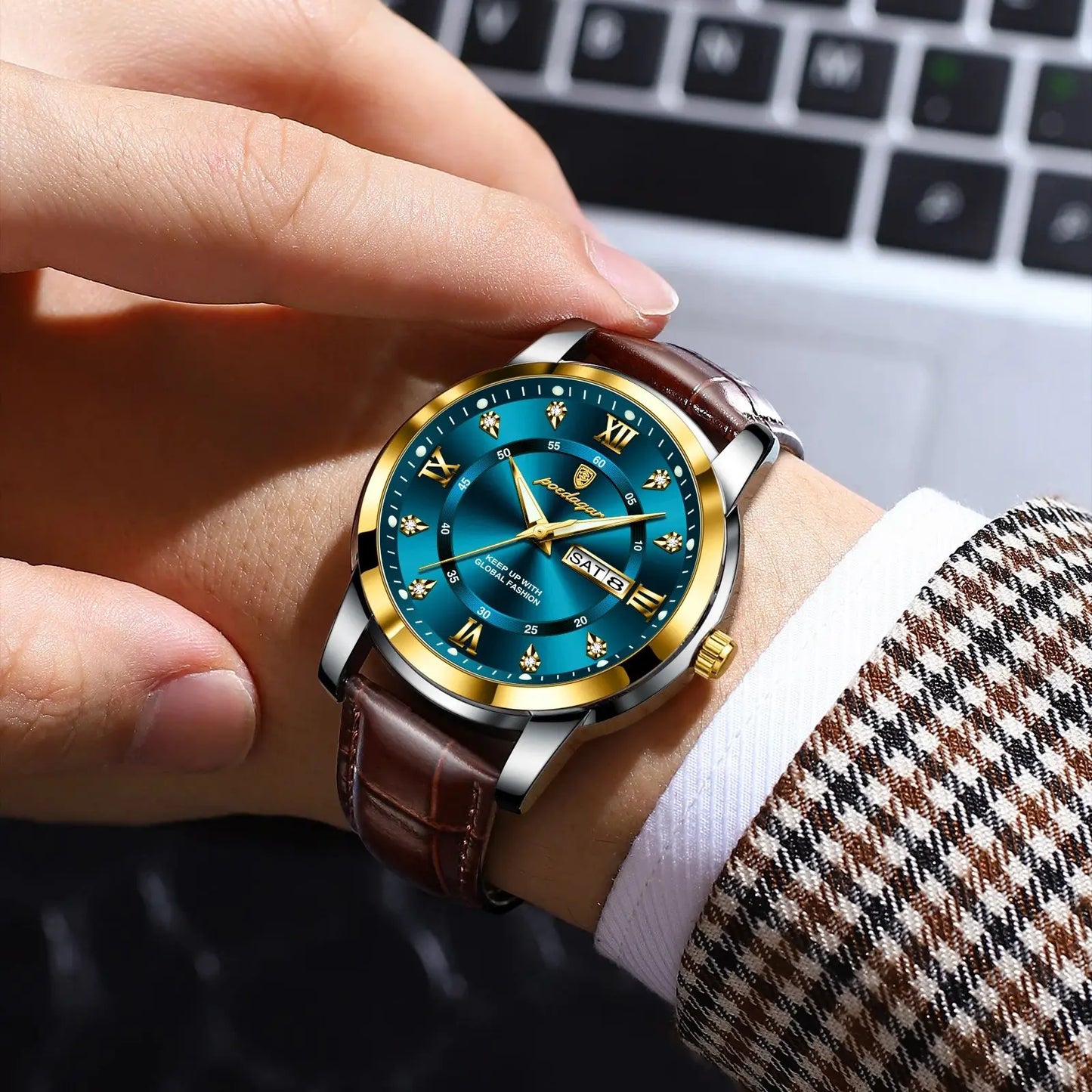 Montre Homme POEDAGAR 936L — Quartz, Bracelet Cuir, Lumineux, Date & Semaine