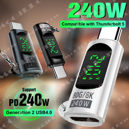 Adaptateur USB 4.0 Type C avec affichage numérique PD240W 80Gbps 8K @ 60Hz, adaptateur USB C mâle vers femelle pour Macbook iPhone Samsung Xiaomi