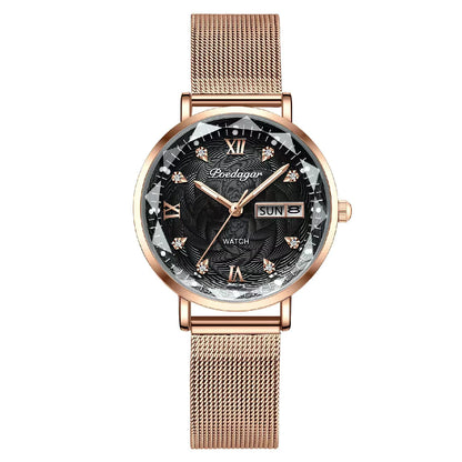 Montre Femme Quartz POEDAGAR 3012 — Acier Inoxydable, Aiguilles Lumineuses, Date & Jour, 3 ATM