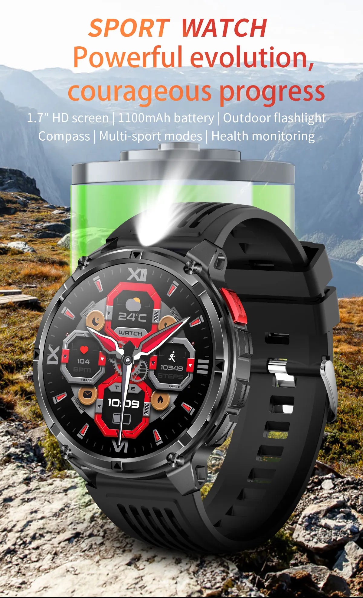 Smartwatch GUHUAVMI HT33 — AMOLED Saphir 1,7", Batterie 1100mAh, 100+ Sports, IP68