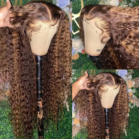 Perruque Lace Frontal Wig naturelle bouclée à reflets, cheveux humains, 13x4, sans colle, HD, Deep Wave, 4/27, colorée, pre-plucked