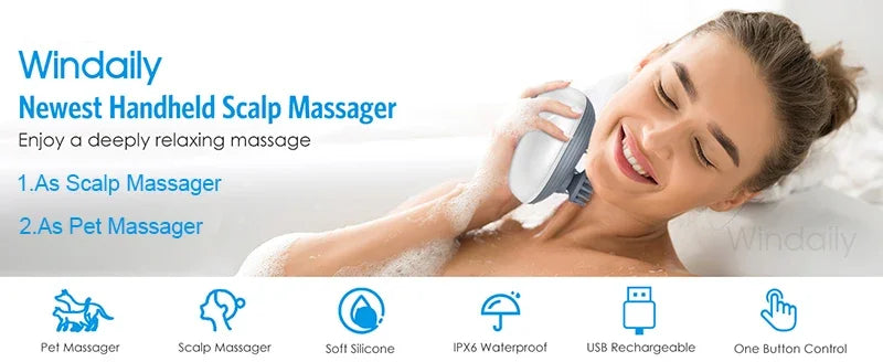 Masseur Électrique Cuir Chevelu Windaily — 4 Têtes, 3 Modes, IPX6 & Rechargeable