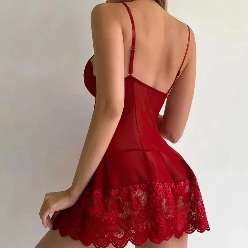 Ensemble de Lingerie Sexy en dentelle, chemise de nuit courte pour femmes, sous-vêtements en Perspective, robe Slim à bretelles, Costume exotique Lolita, vêtements de nuit Sexy