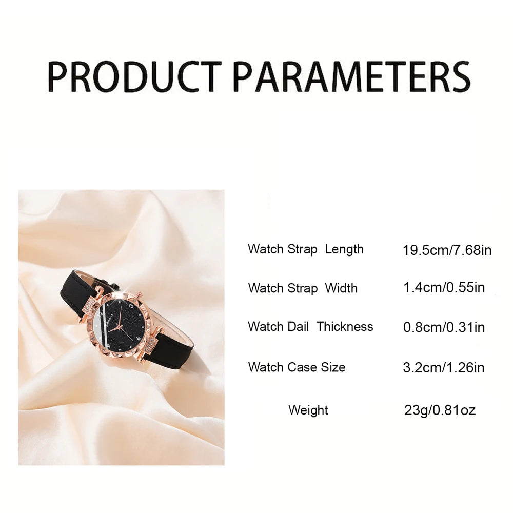Coffret Bijoux Femme 5 Pièces Strass — Montre Quartz Cuir, Bague, Collier & Boucles d’Oreilles