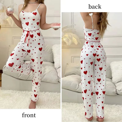 Ensemble deux pièces en soie glacée côtelée pour femmes, gilet imprimé Sexy et pantalon Long avec décoration de nœud, ensemble de vêtements de nuit décontractés pour la maison