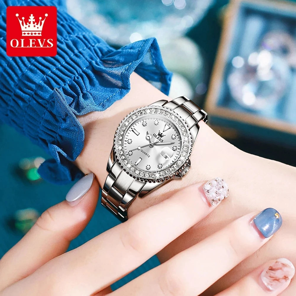 Montre Femme Quartz OLEVS 9945 — Cadran Diamant Lumineux, Acier Inoxydable, Date, 3 ATM